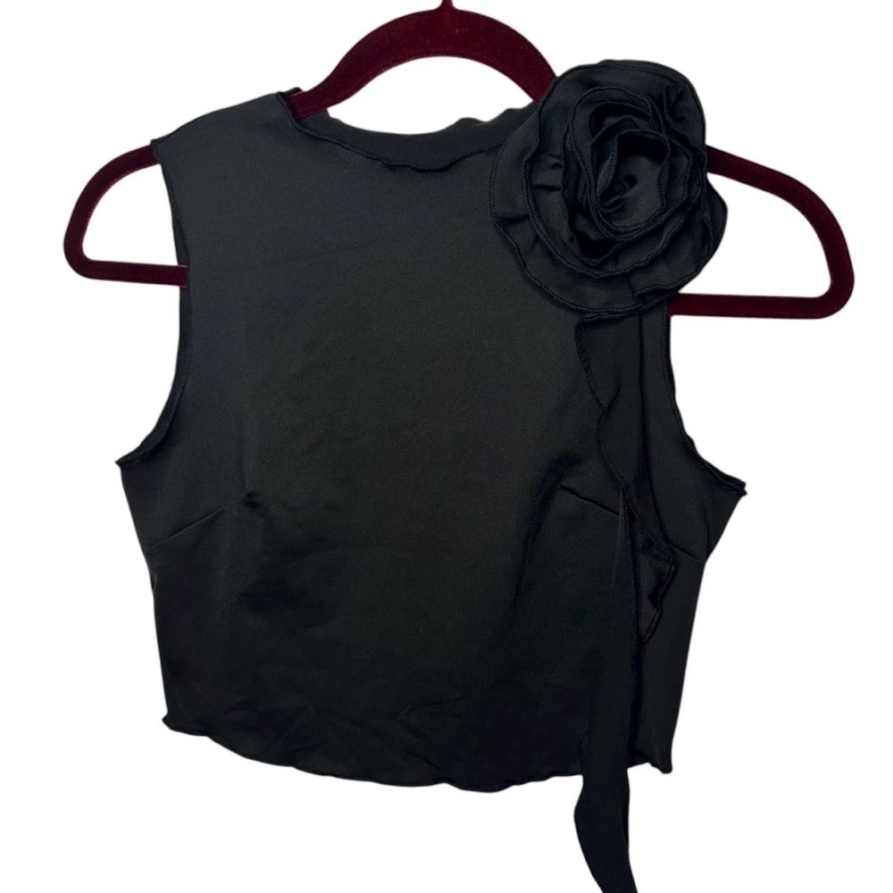 Black Sleeveless Top with Rosette Accent